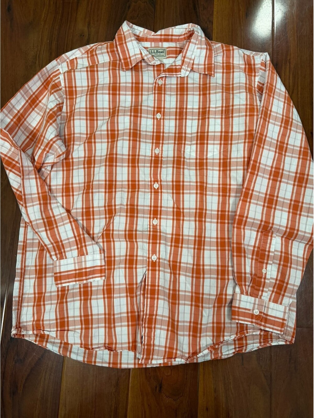 LL Bean Shirt Mens SZ L Reg Orange Plaid Short Sleeve Button Down Cotton